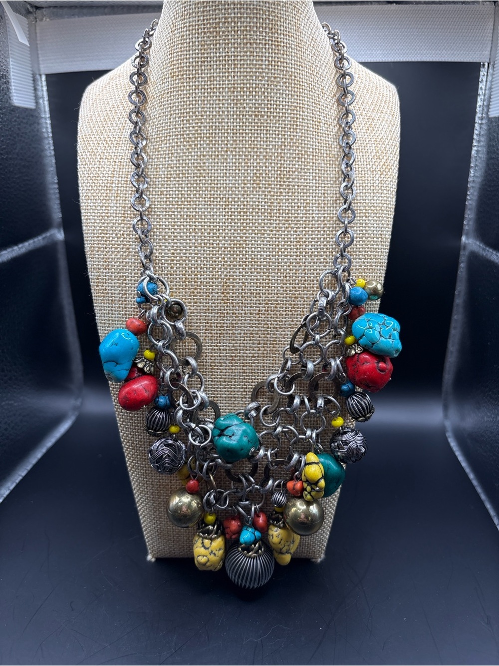 Boho Statement Necklace Turquoise Coral Bead Charm Chain Bib Festival